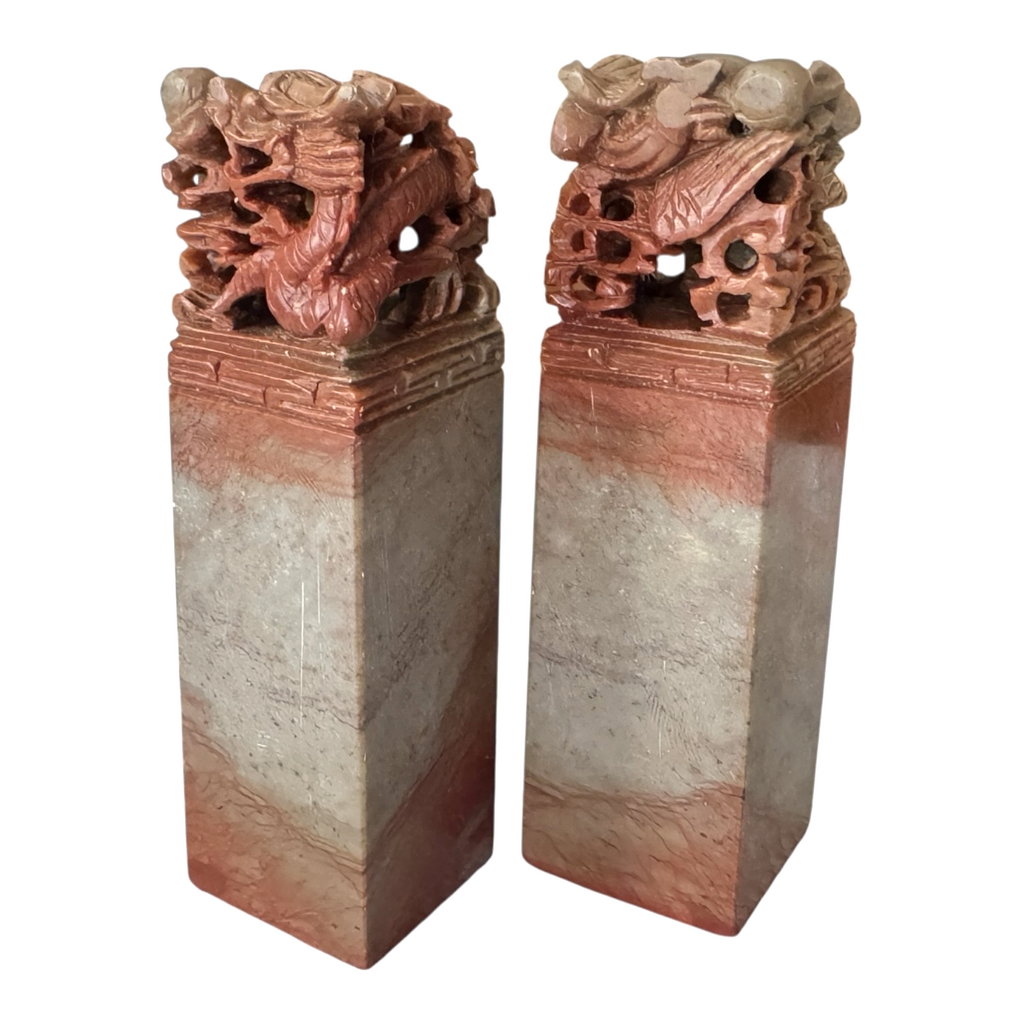 Vintage Chinese Hand Carved Soapstone Seal Stamp Pair in Box - Dragon & Phoenix