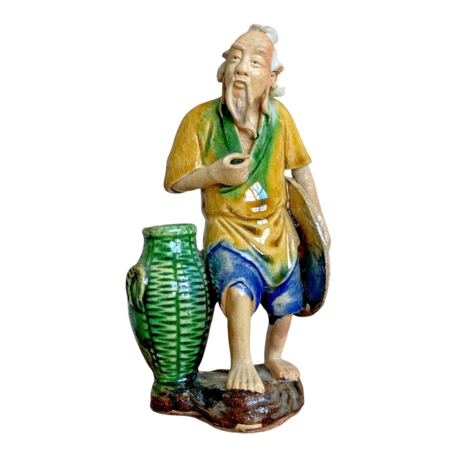Antique Yellow Glazed Chinese Export Ceramic Pottery Mudman Figurine