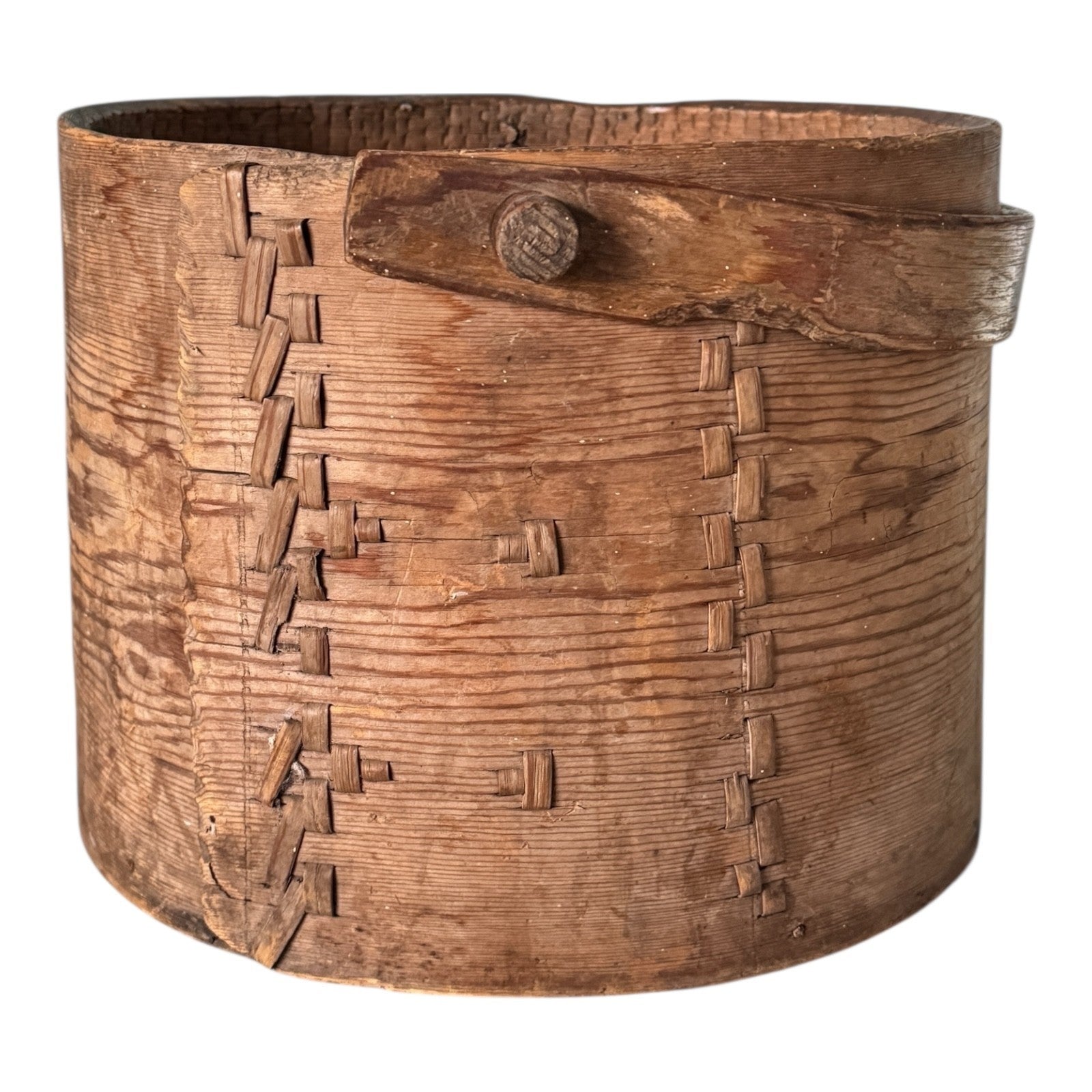 Antique Large Stitched Bentwood Dry Measure Grain Bucket with Handle