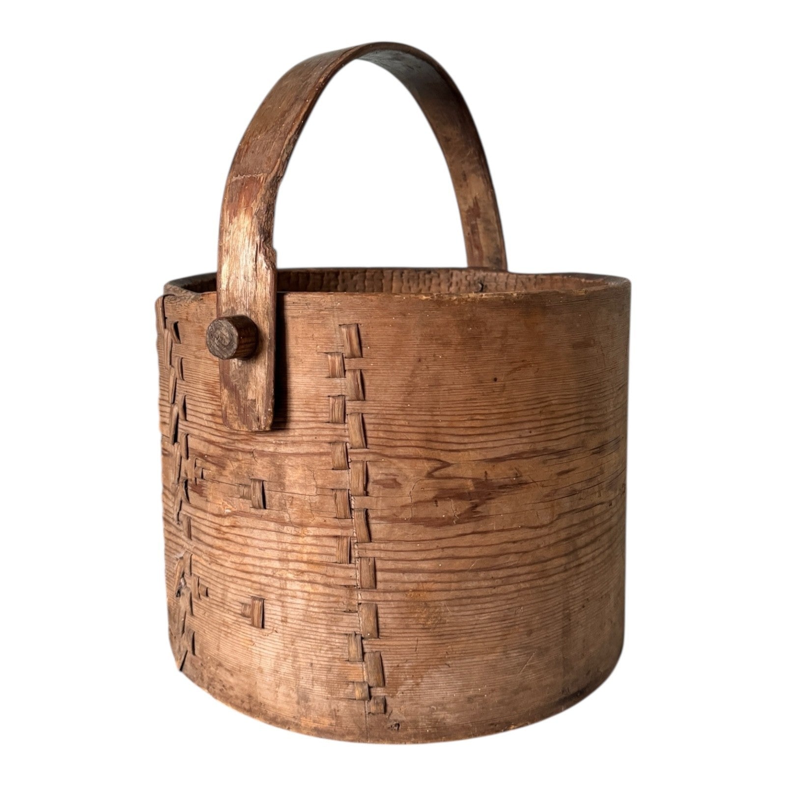 Antique Large Stitched Bentwood Dry Measure Grain Bucket with Handle