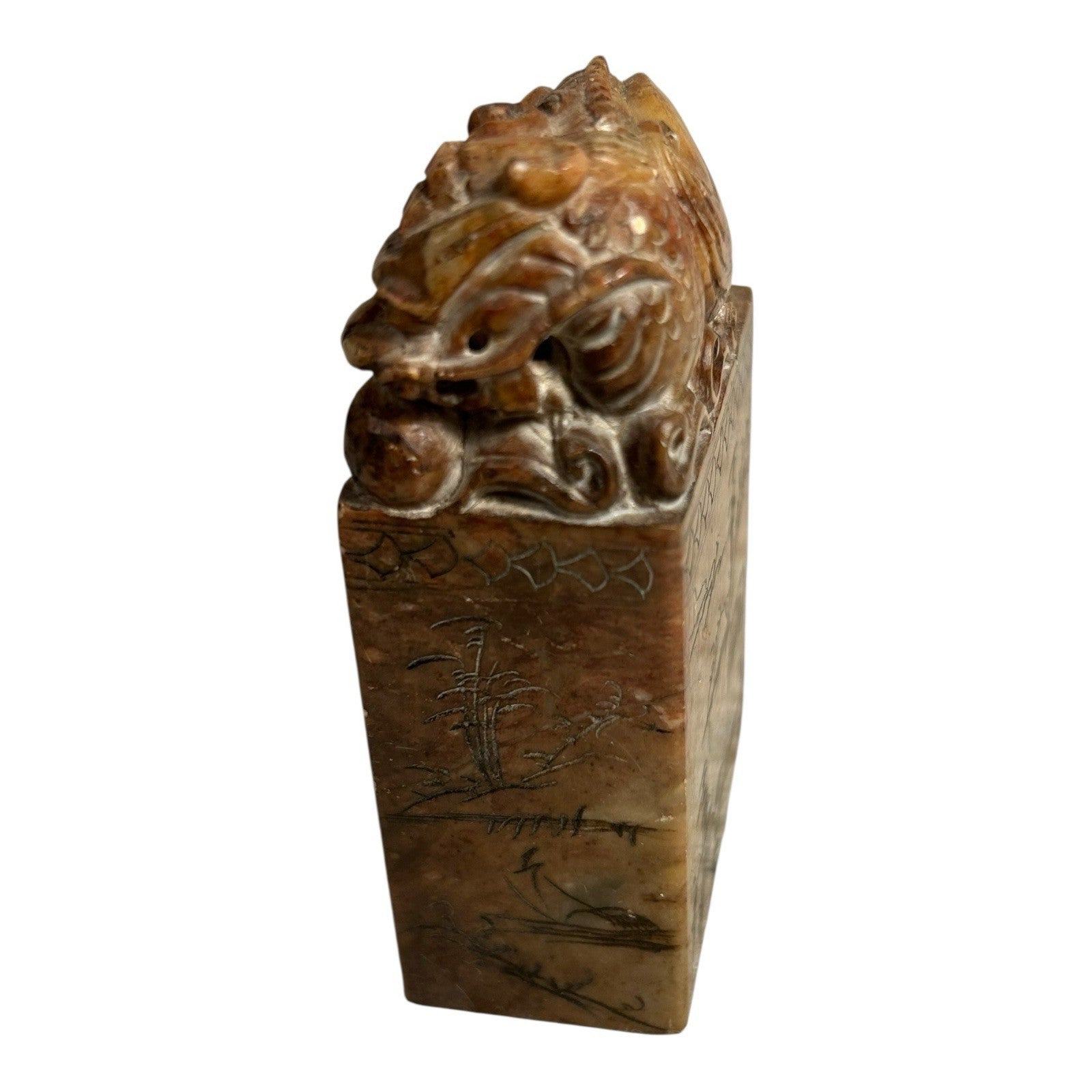 Antique Hand Carved Stone Foo Dog Stamp & Seal with Village Scene