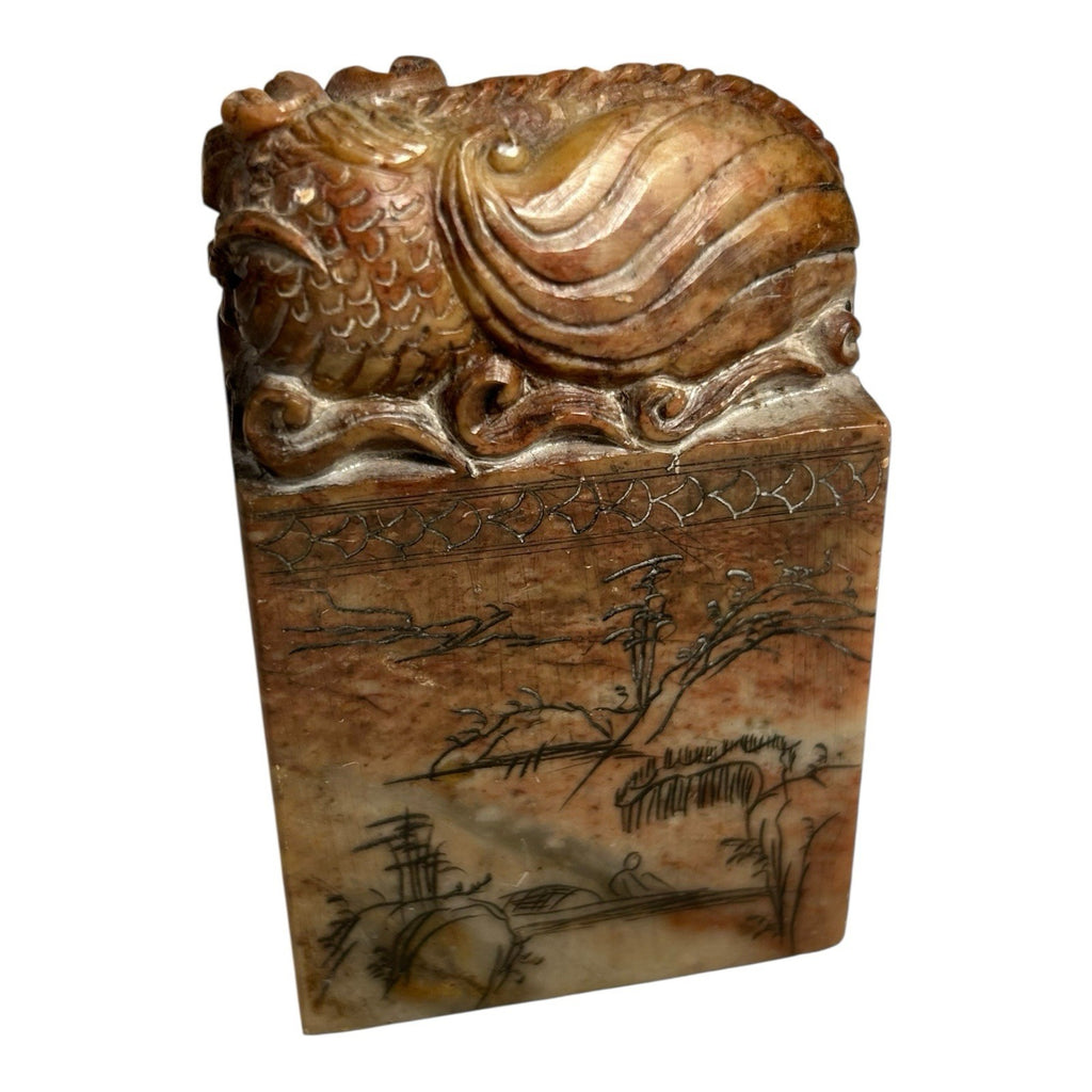 Antique Hand Carved Stone Foo Dog Stamp & Seal with Village Scene