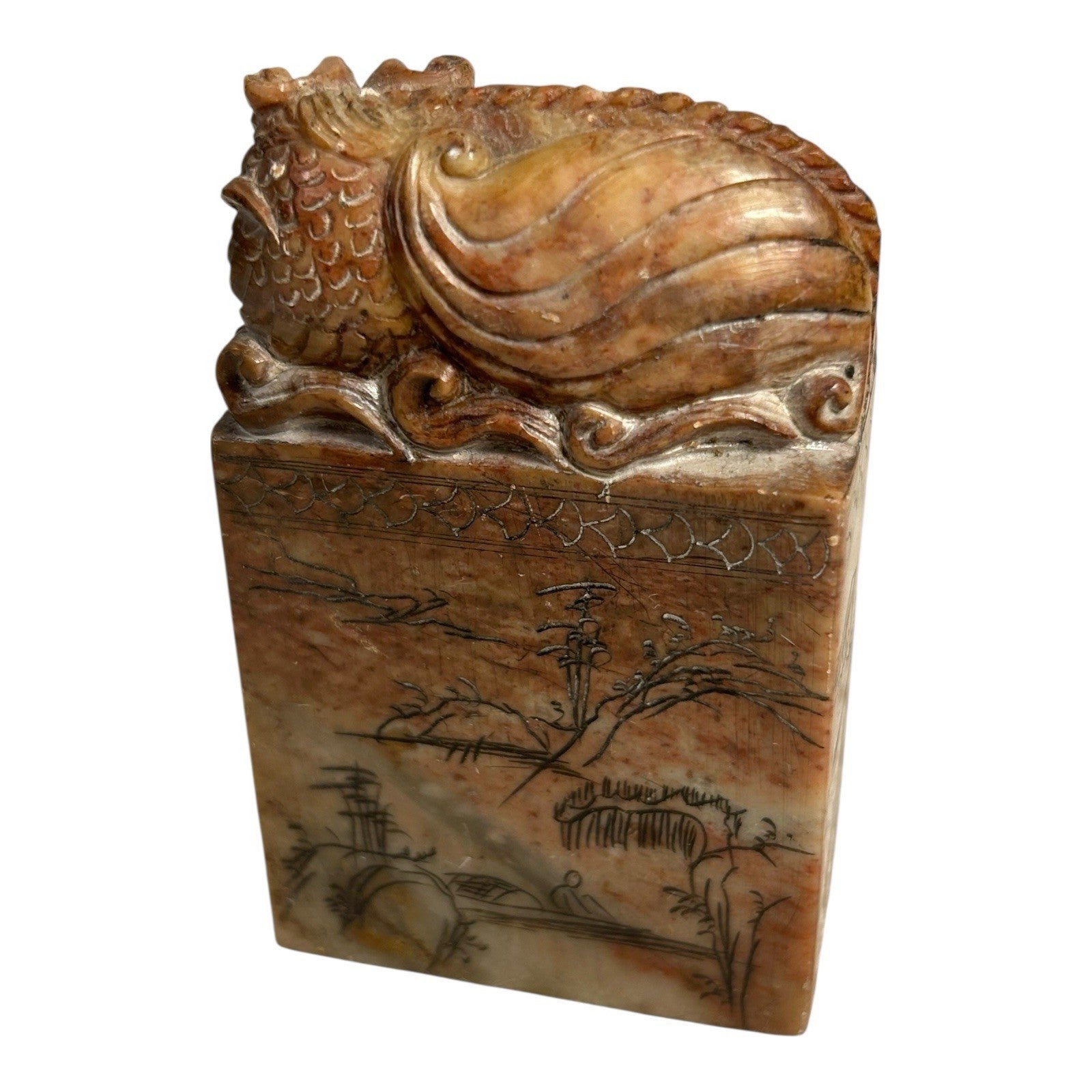 Antique Hand Carved Stone Foo Dog Stamp & Seal with Village Scene