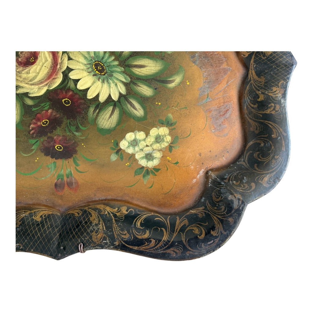 Antique Americana Decorative Hand Painted Floral Toleware Tray, Hanging Wall Art