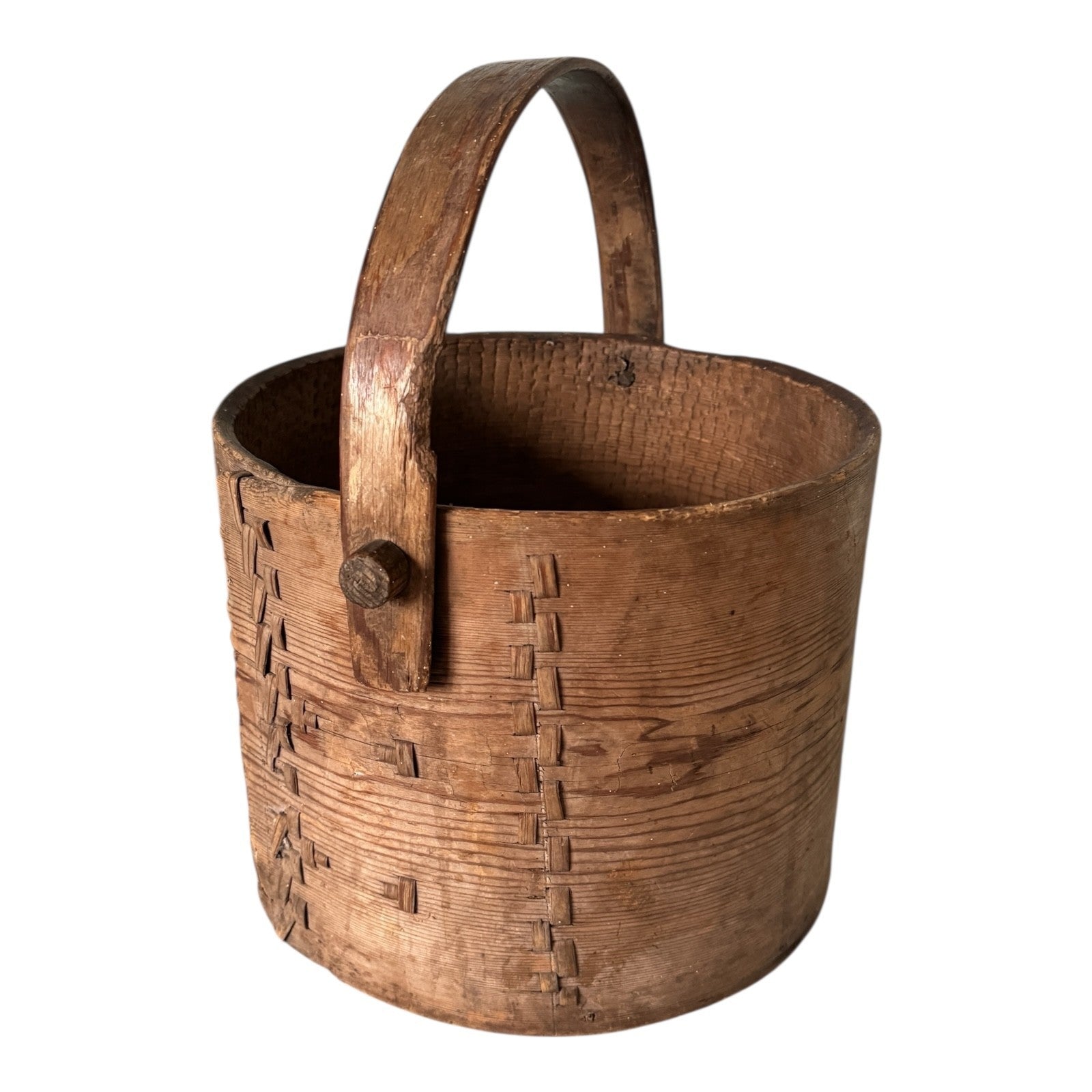 Antique Large Stitched Bentwood Dry Measure Grain Bucket with Handle