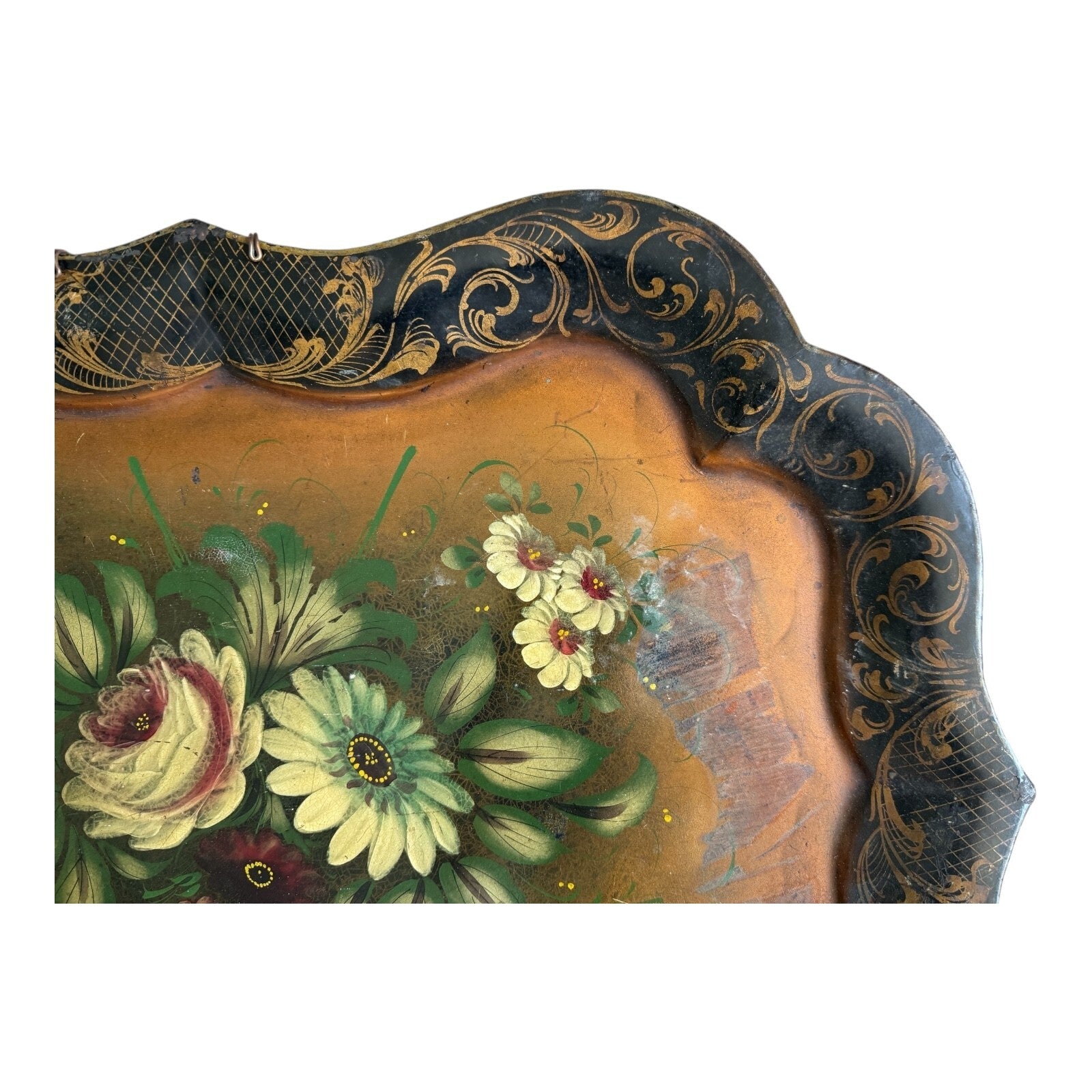Antique Americana Decorative Hand Painted Floral Toleware Tray, Hanging Wall Art