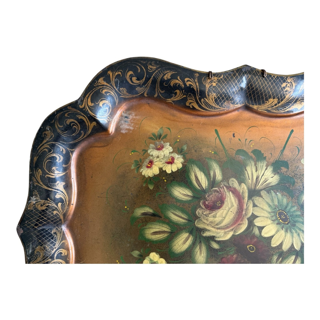 Antique Americana Decorative Hand Painted Floral Toleware Tray, Hanging Wall Art
