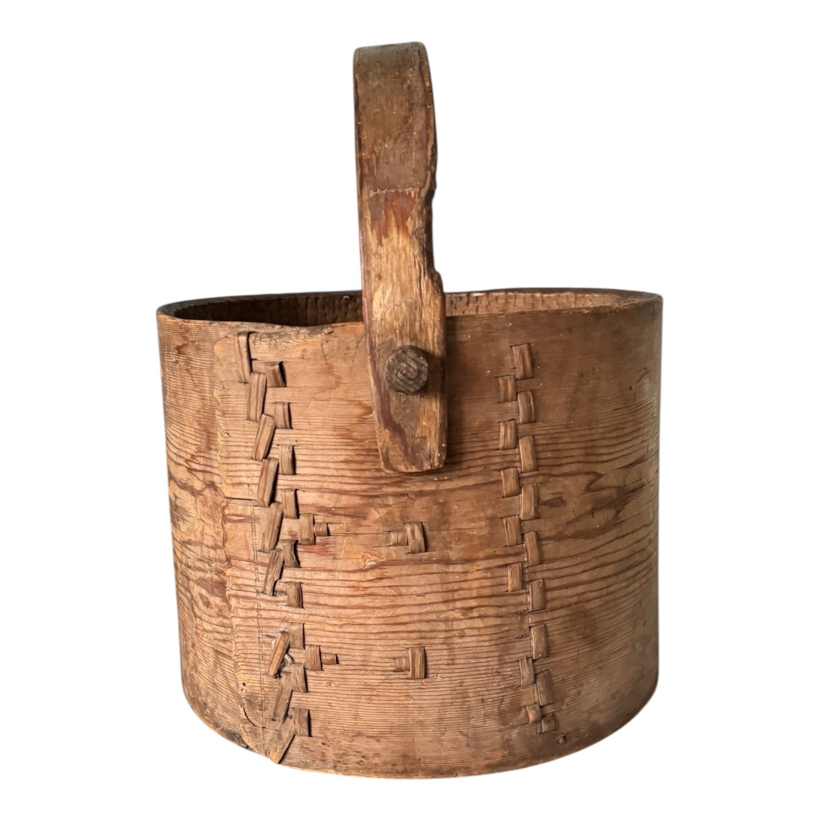 Antique Large Stitched Bentwood Dry Measure Grain Bucket with Handle