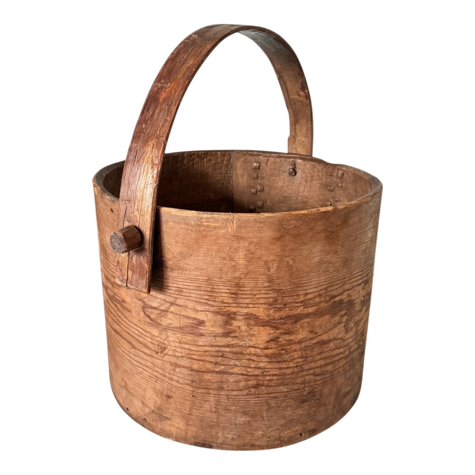 Antique Large Stitched Bentwood Dry Measure Grain Bucket with Handle