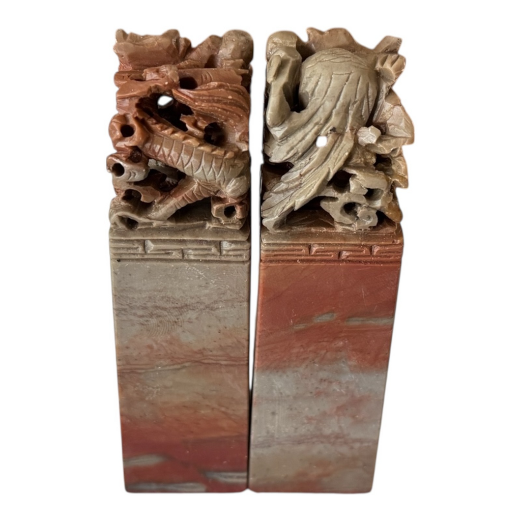 Vintage Chinese Hand Carved Soapstone Seal Stamp Pair in Box - Dragon & Phoenix