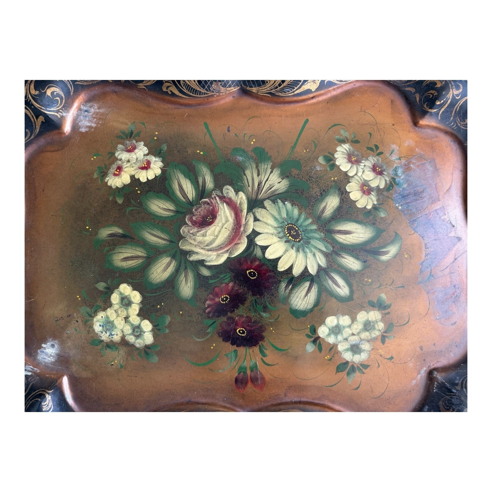 Antique Americana Decorative Hand Painted Floral Toleware Tray, Hanging Wall Art