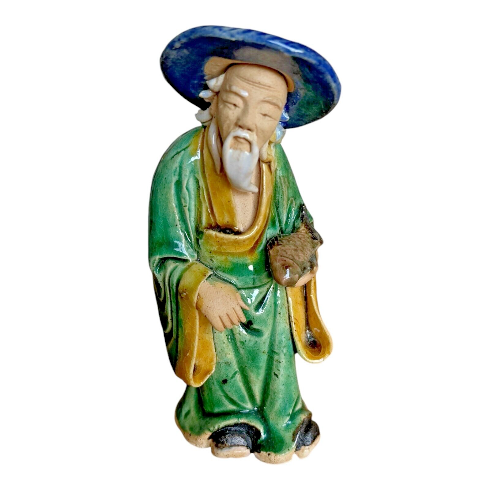 Antique Green Glazed Chinese Export Pottery Mudman Fisherman Figurine