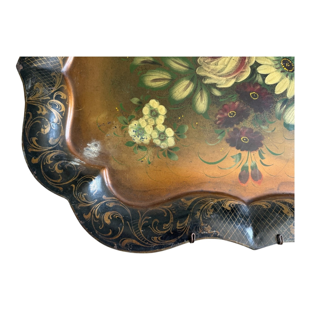 Antique Americana Decorative Hand Painted Floral Toleware Tray, Hanging Wall Art