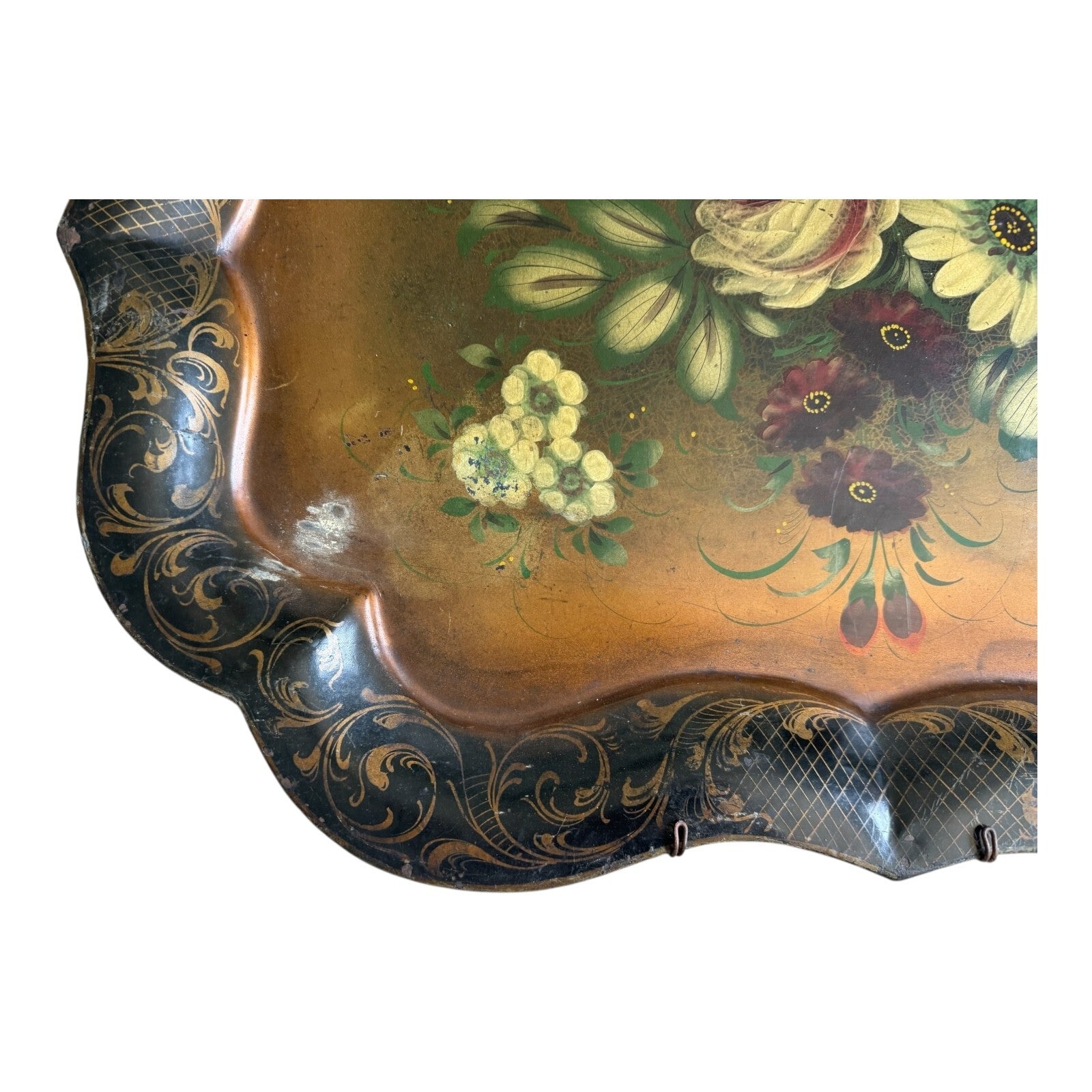 Antique Americana Decorative Hand Painted Floral Toleware Tray, Hanging Wall Art