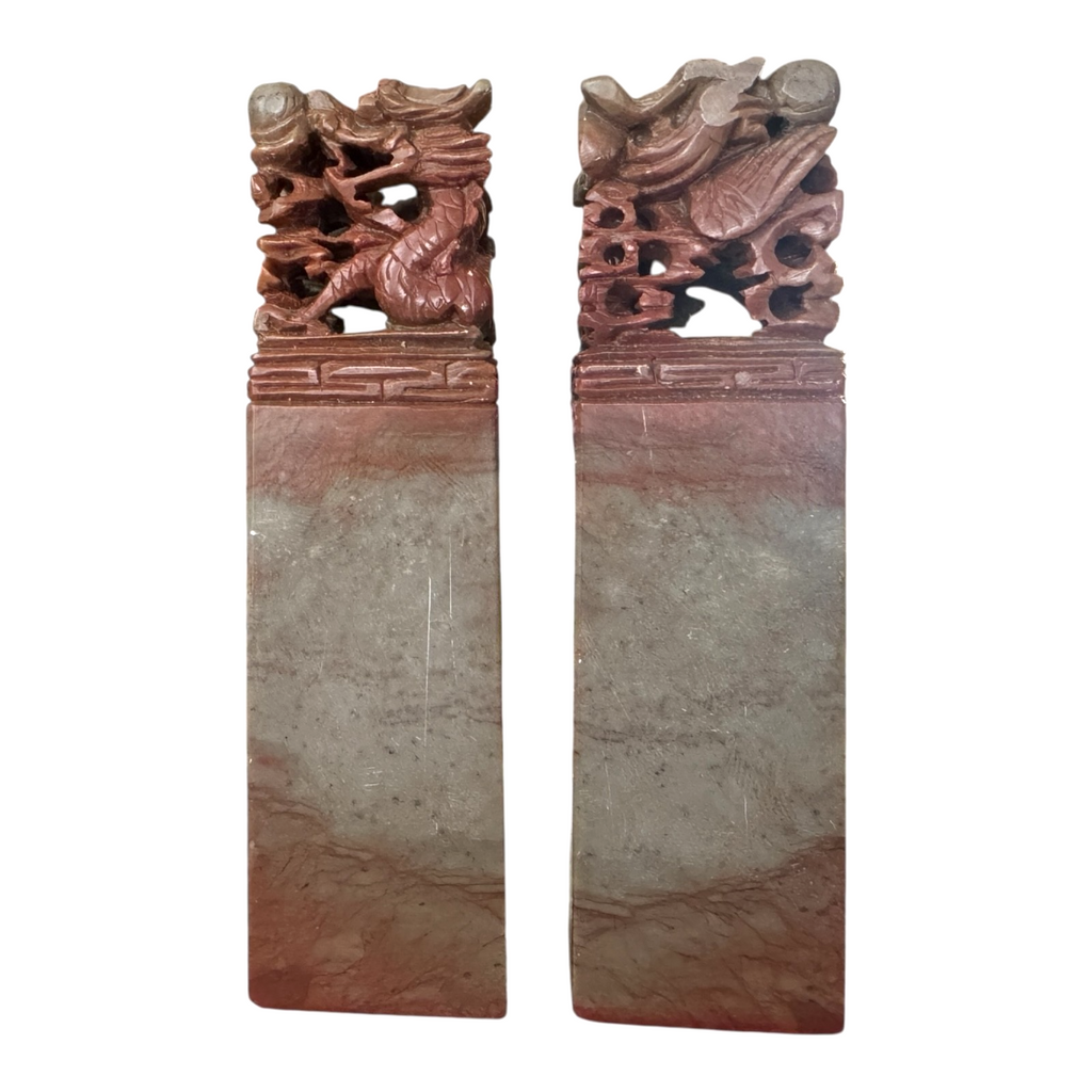 Vintage Chinese Hand Carved Soapstone Seal Stamp Pair in Box - Dragon & Phoenix