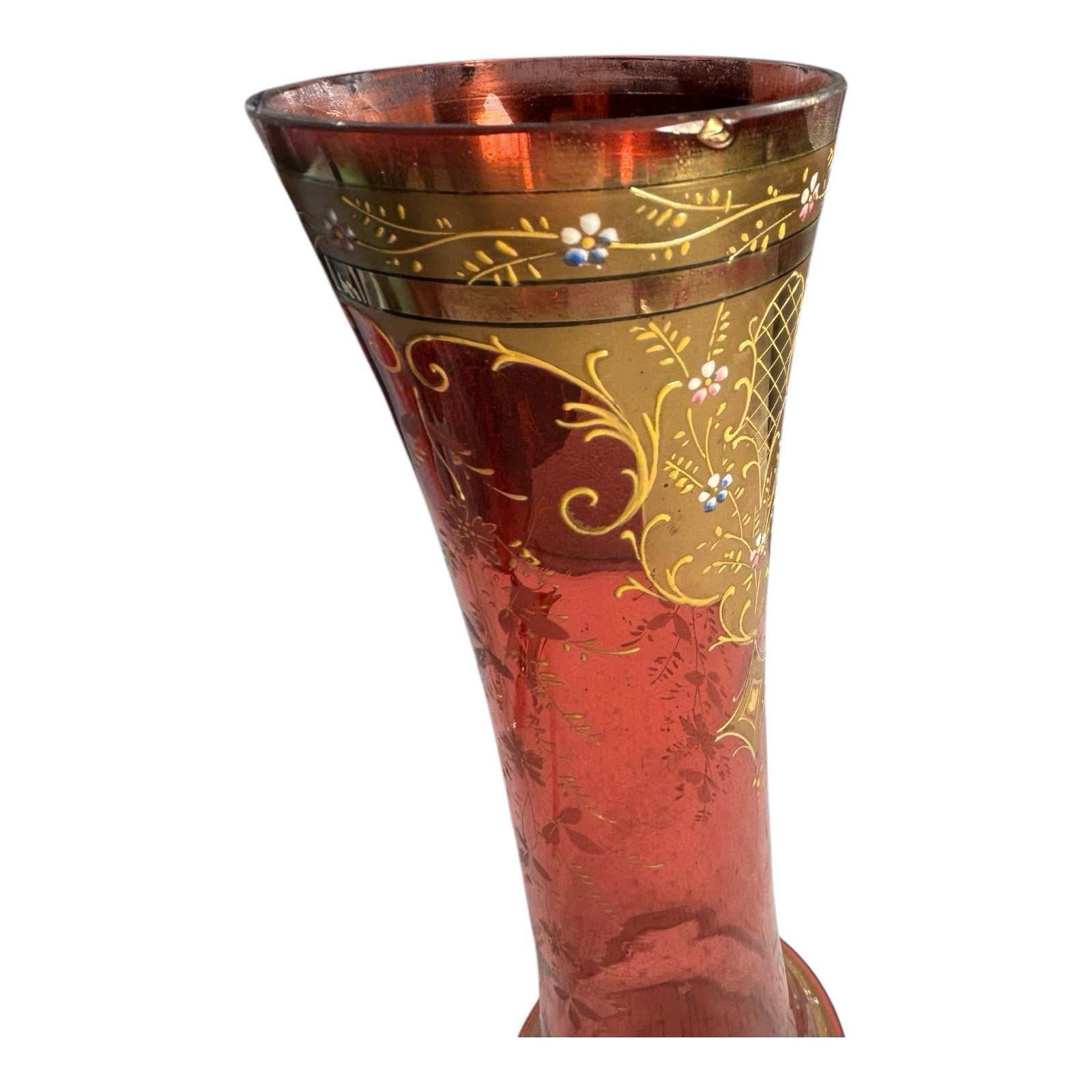 Antique Moser Cranberry Glass Vase with Gold Gilt Enamel Decoration - 13"