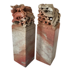 Vintage Chinese Hand Carved Soapstone Seal Stamp Pair in Box - Dragon & Phoenix