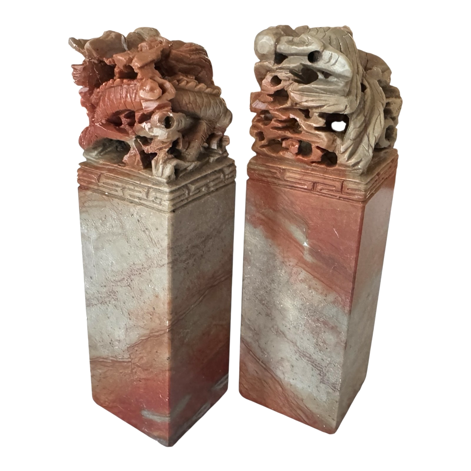 Vintage Chinese Hand Carved Soapstone Seal Stamp Pair in Box - Dragon & Phoenix