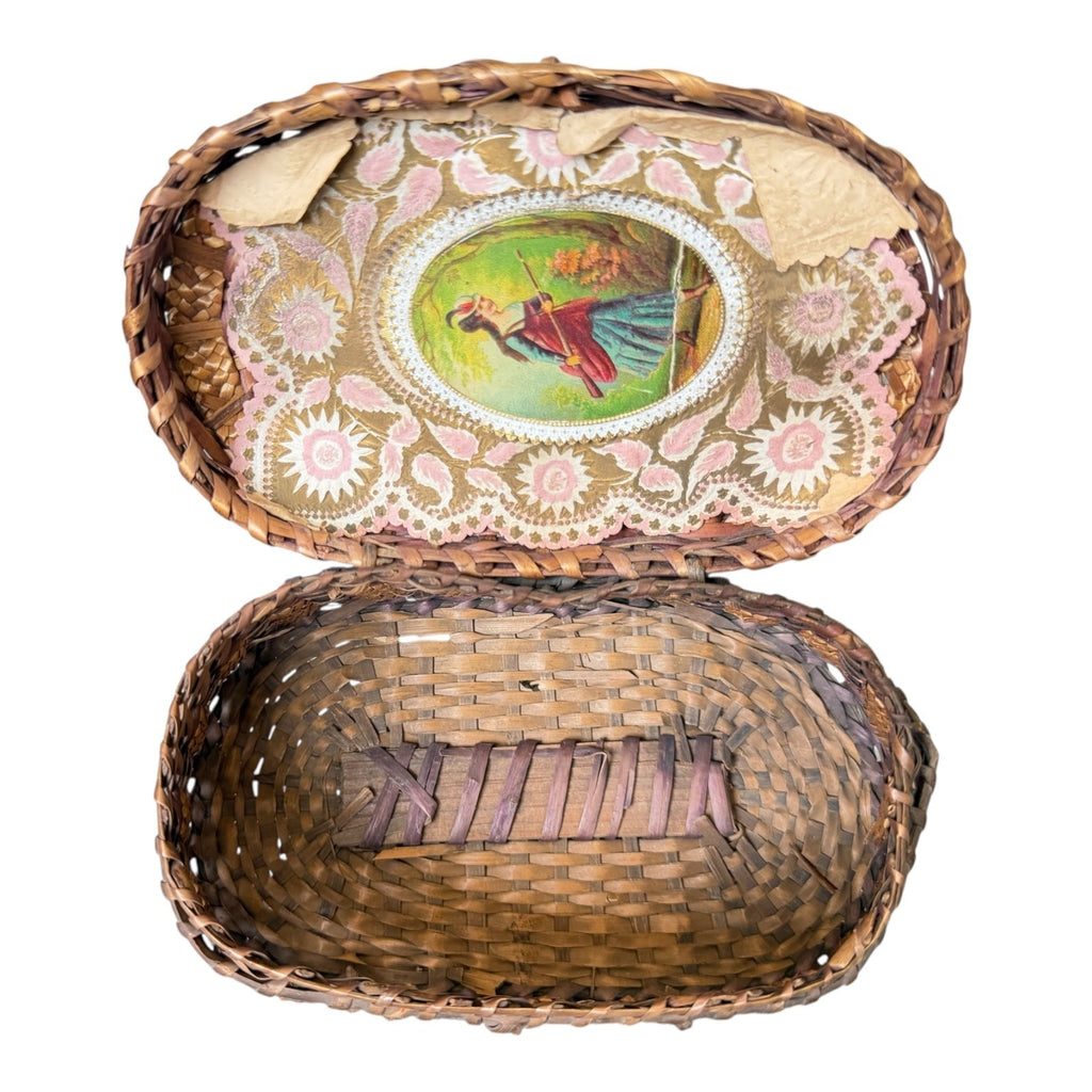 Antique Victorian Primitive Woven Basket Hinged Sewing Box - Lithograph Interior