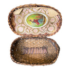 Antique Victorian Primitive Woven Basket Hinged Sewing Box - Lithograph Interior