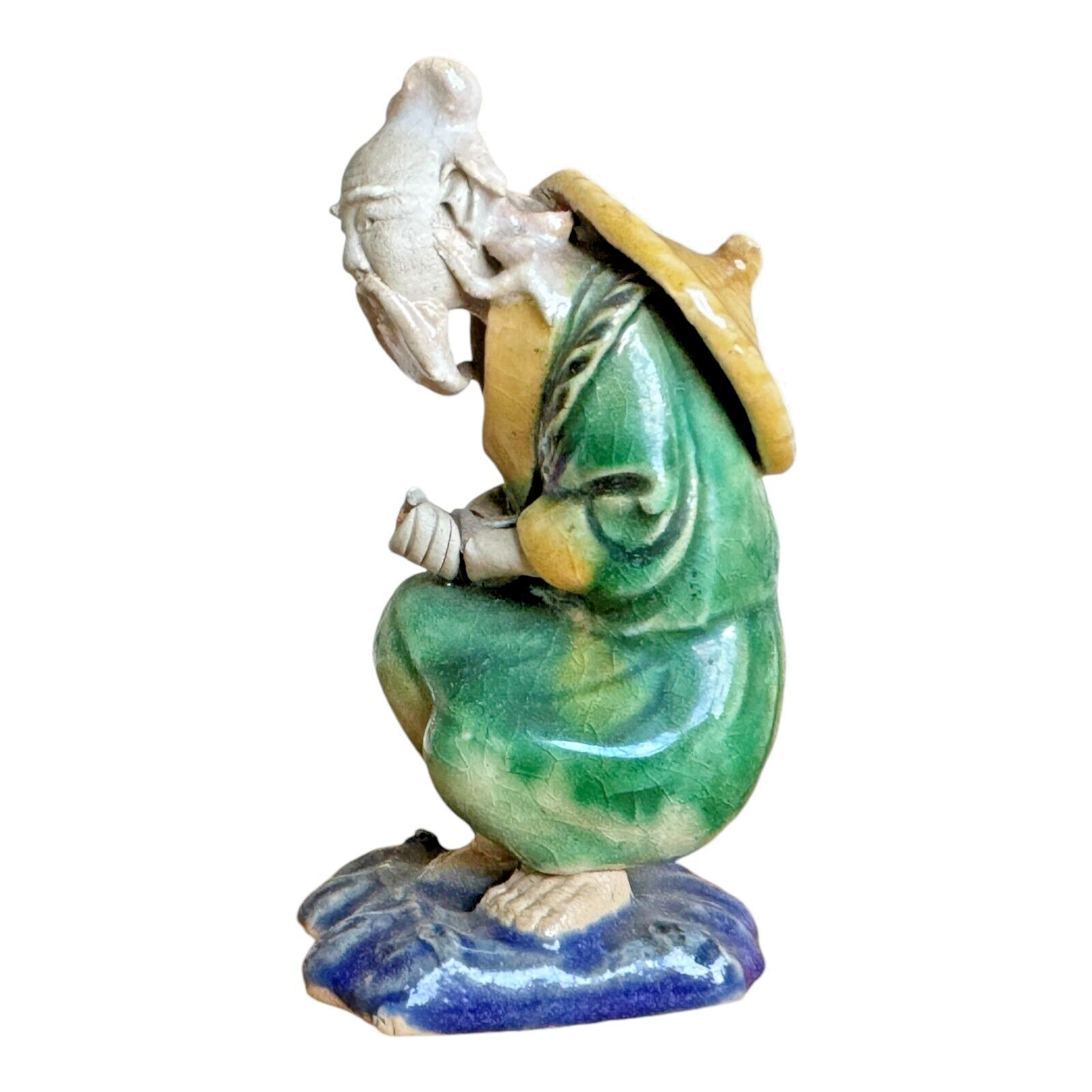 Antique Chinese Export Green Glazed Ceramic Pottery Sitting Mudman Figure
