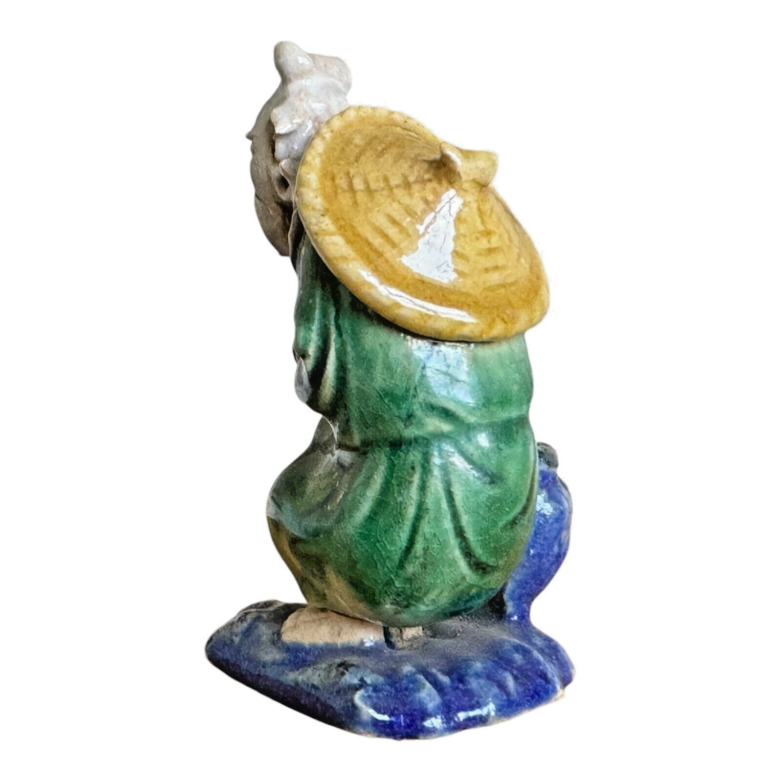 Antique Chinese Export Green Glazed Ceramic Pottery Sitting Mudman Figure