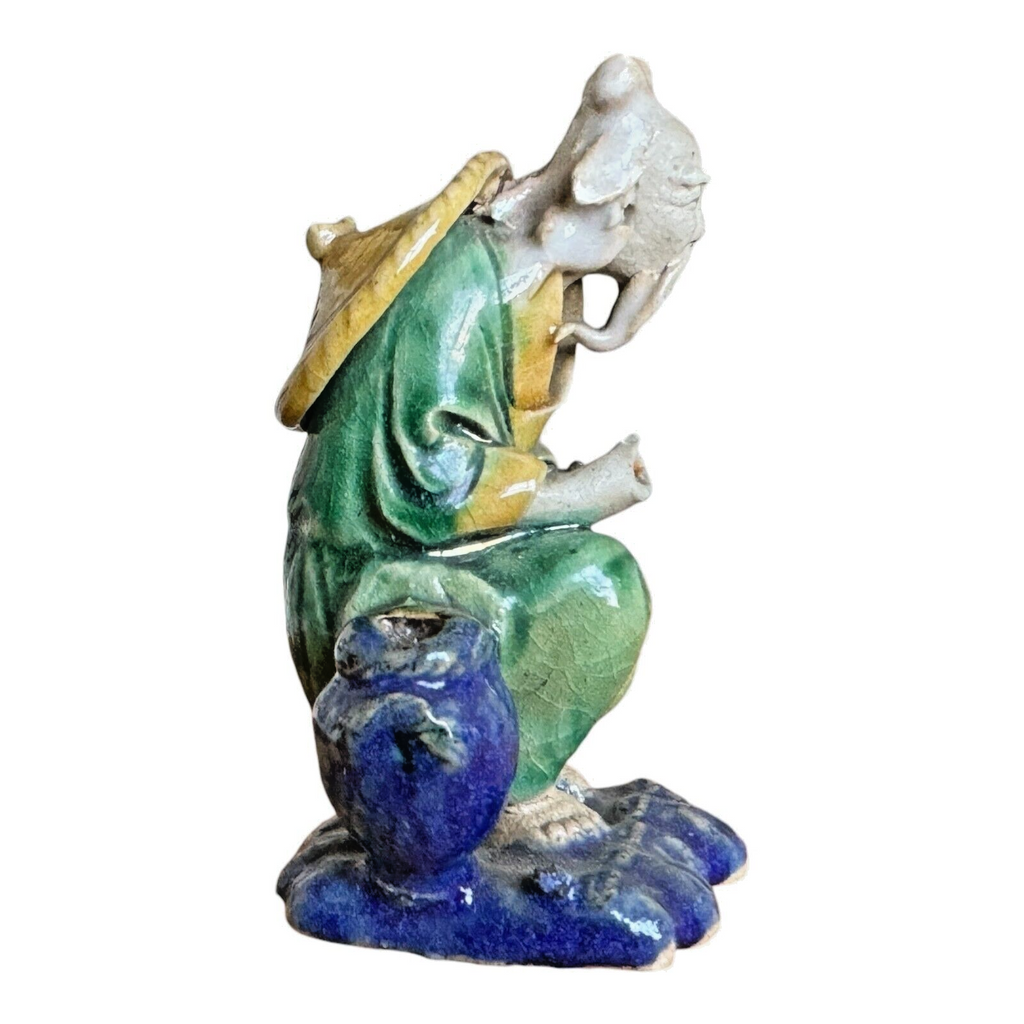 Antique Chinese Export Green Glazed Ceramic Pottery Sitting Mudman Figure