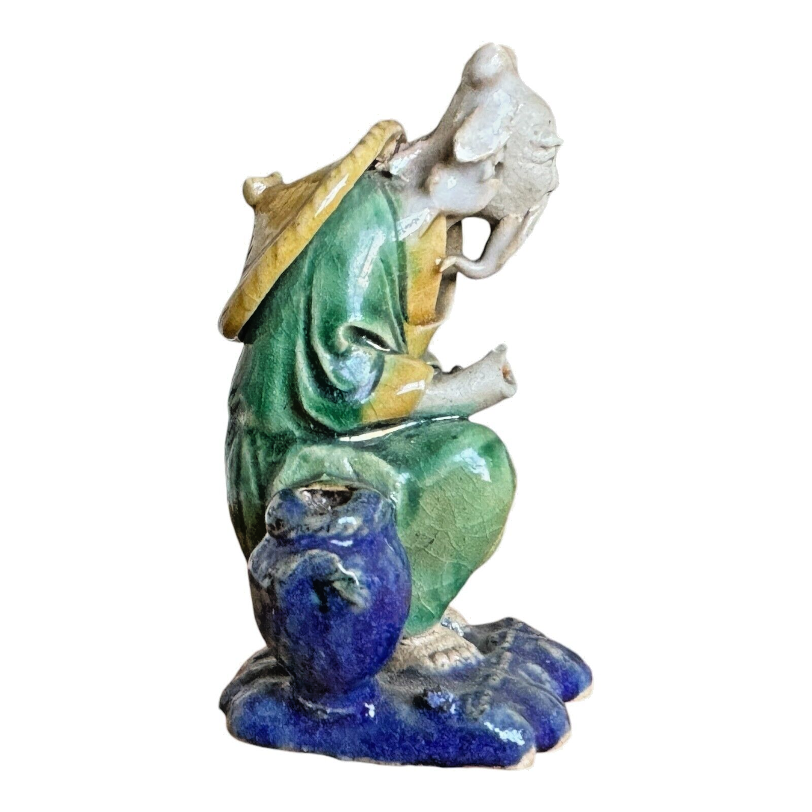 Antique Chinese Export Green Glazed Ceramic Pottery Sitting Mudman Figure