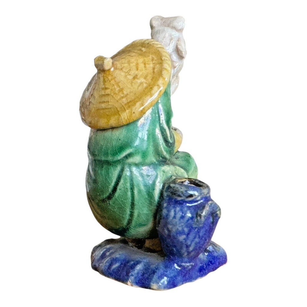 Antique Chinese Export Green Glazed Ceramic Pottery Sitting Mudman Figure