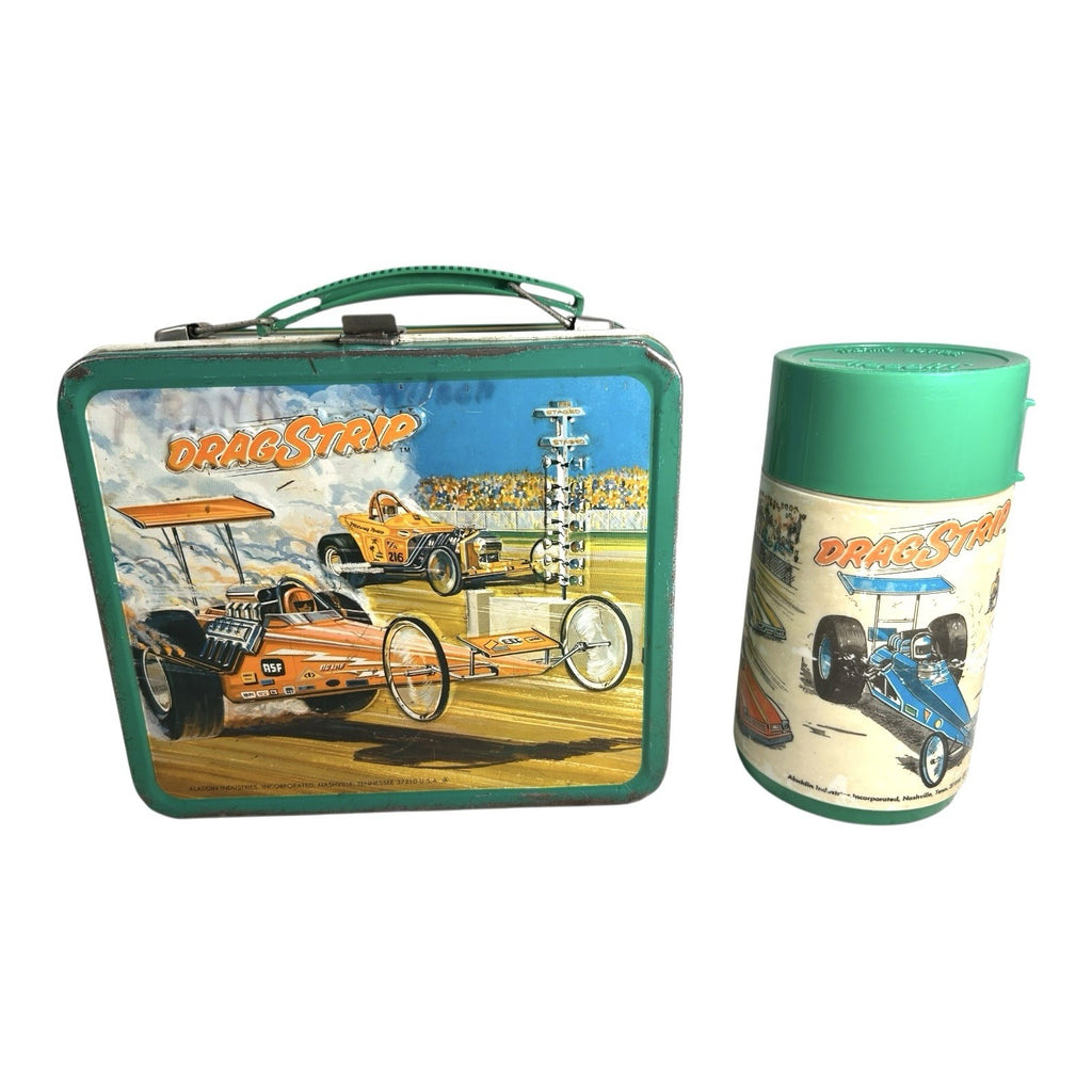 Vintage 1975 Aladdin Drag Strip Metal Lunchbox with Thermos