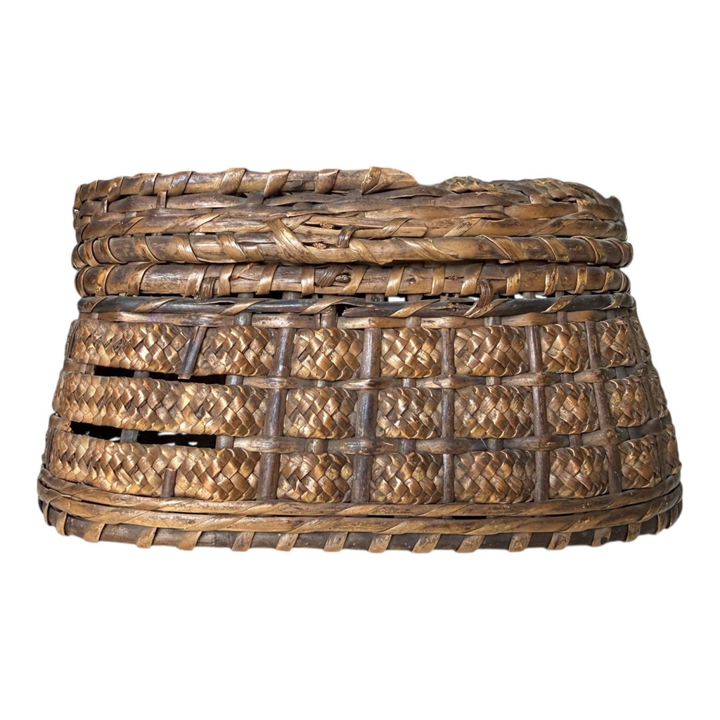 Antique Victorian Primitive Woven Basket Hinged Sewing Box - Lithograph Interior