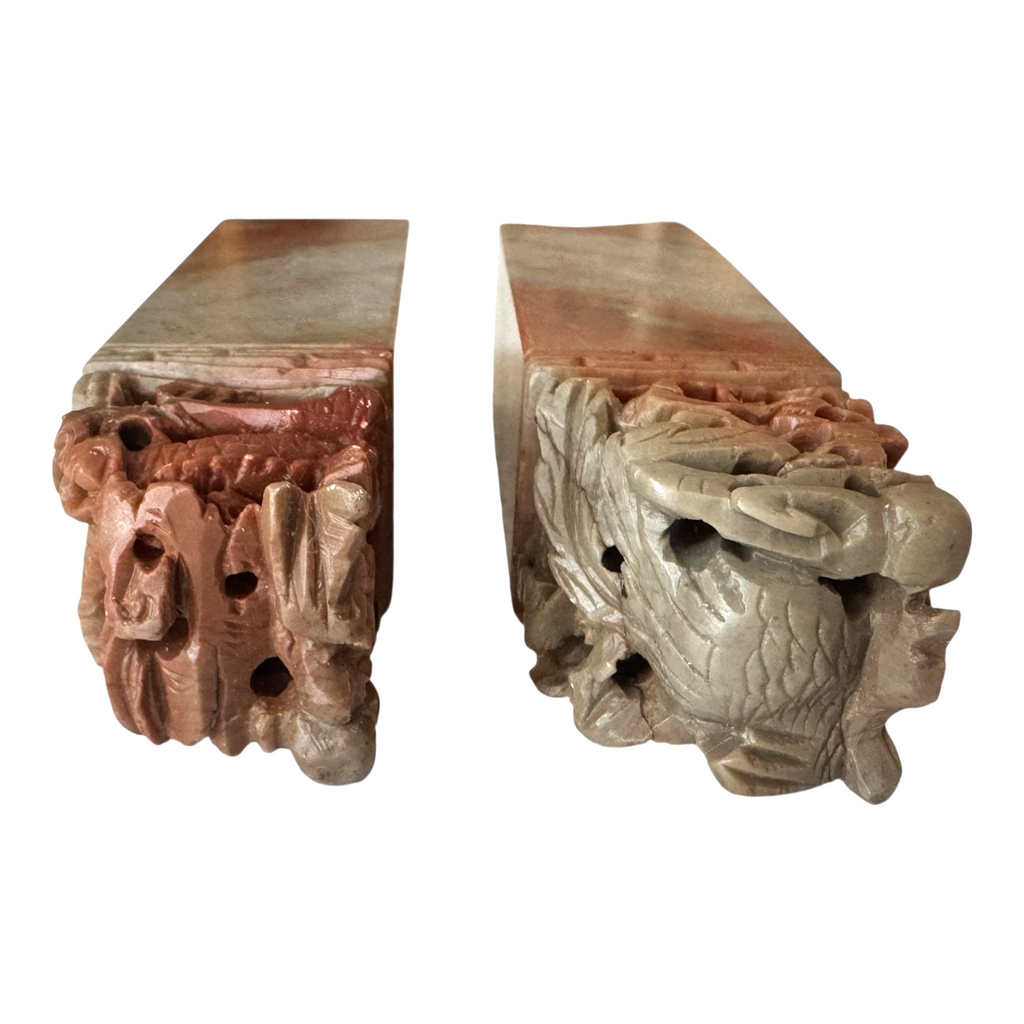 Vintage Chinese Hand Carved Soapstone Seal Stamp Pair in Box - Dragon & Phoenix