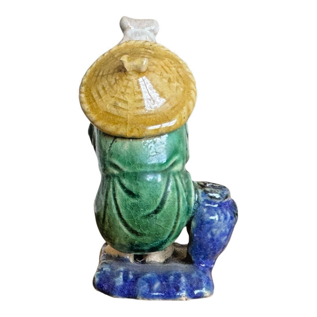 Antique Chinese Export Green Glazed Ceramic Pottery Sitting Mudman Figure