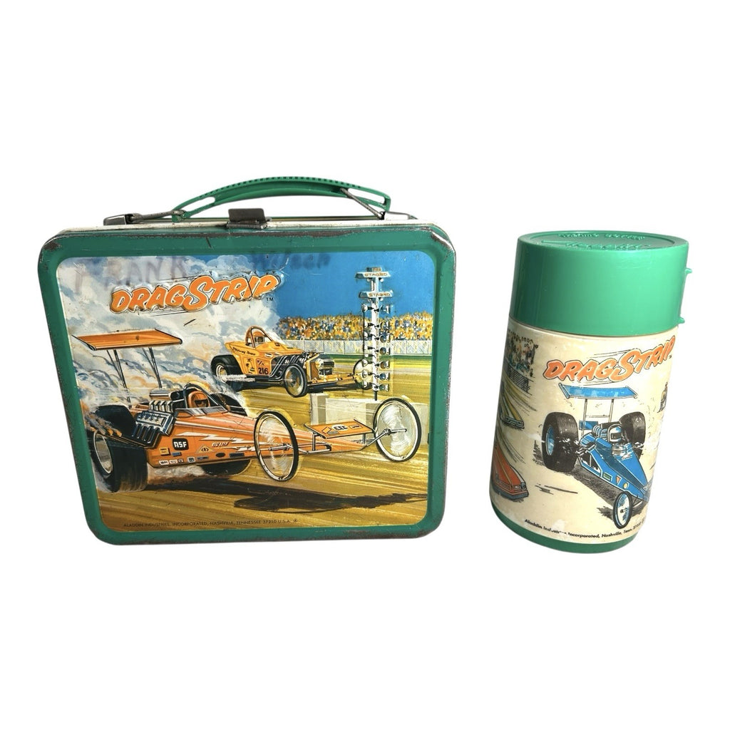 Vintage 1975 Aladdin Drag Strip Metal Lunchbox with Thermos
