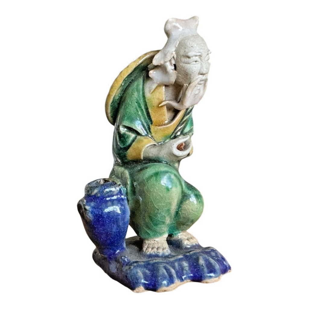 Antique Chinese Export Green Glazed Ceramic Pottery Sitting Mudman Figure