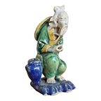 Antique Chinese Export Green Glazed Ceramic Pottery Sitting Mudman Figure