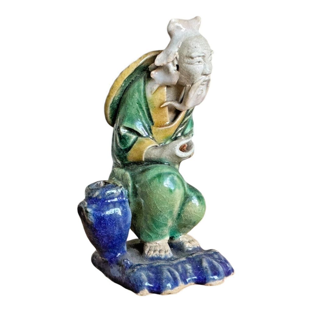 Antique Chinese Export Green Glazed Ceramic Pottery Sitting Mudman Figure