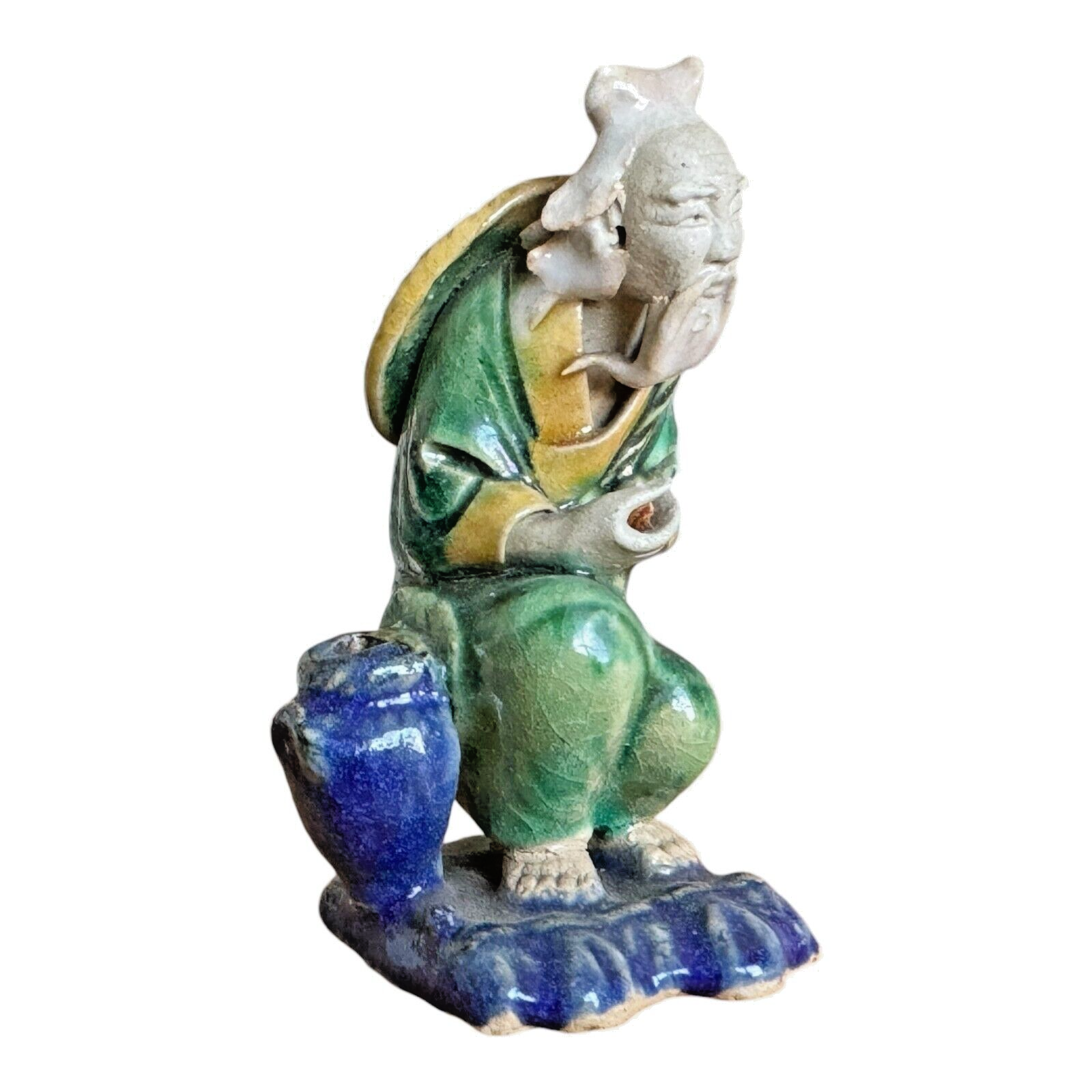 Antique Chinese Export Green Glazed Ceramic Pottery Sitting Mudman Figure