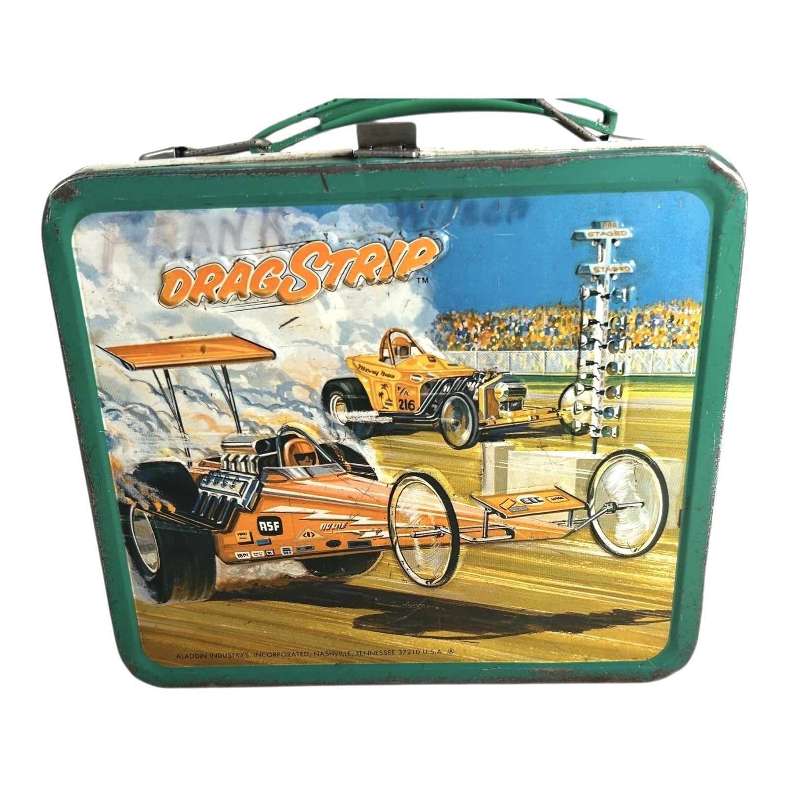 Vintage 1975 Aladdin Drag Strip Metal Lunchbox with Thermos