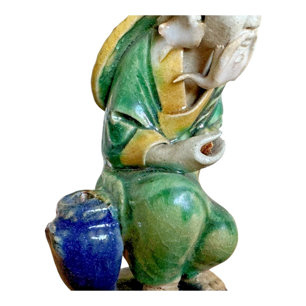 Antique Chinese Export Green Glazed Ceramic Pottery Sitting Mudman Figure