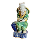 Antique Chinese Export Green Glazed Ceramic Pottery Sitting Mudman Figure