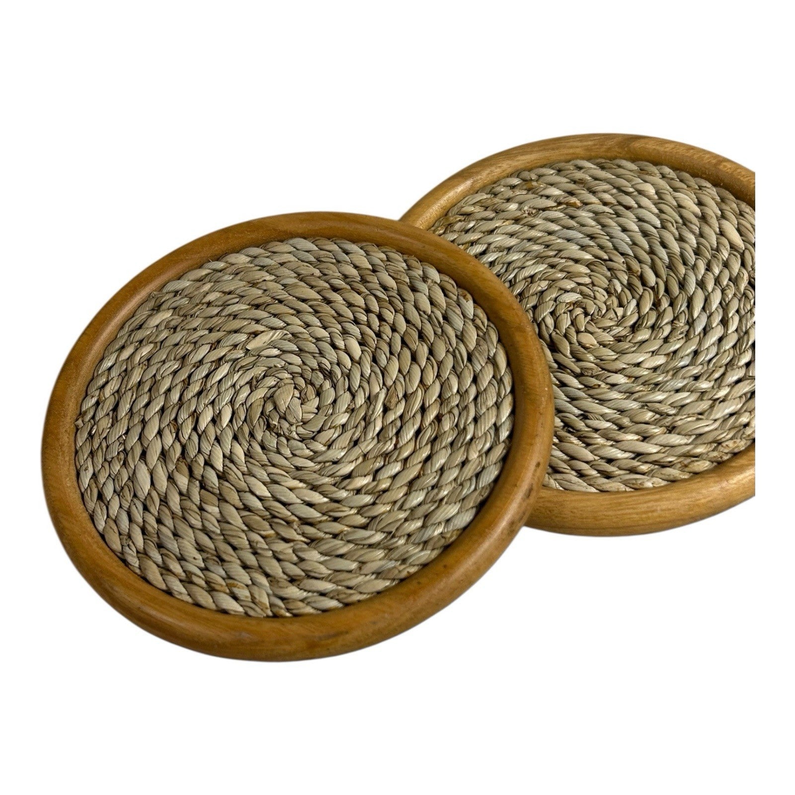 Vintage Natural Woven Seagrass & Wood Drink Coasters (4) - Martha Stewart Prop