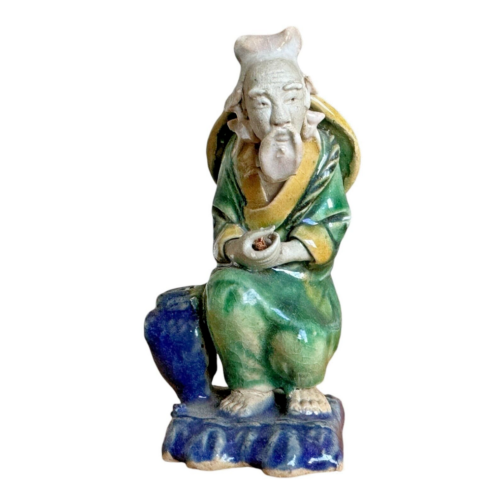 Antique Chinese Export Green Glazed Ceramic Pottery Sitting Mudman Figure