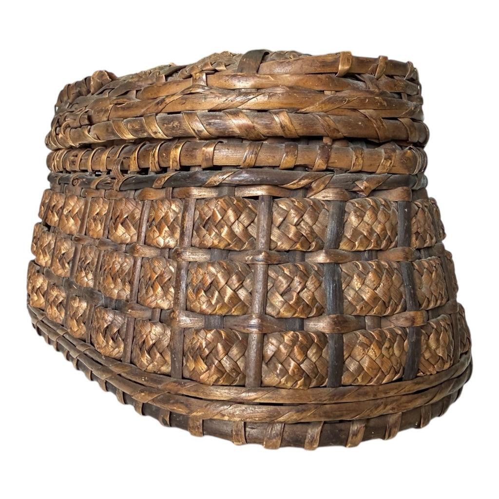 Antique Victorian Primitive Woven Basket Hinged Sewing Box - Lithograph Interior