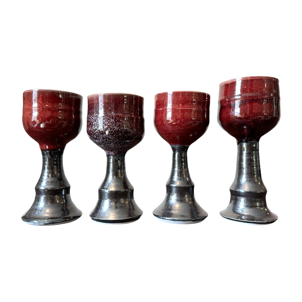 Vintage Set of 4 Signed Gerry Williams Studio Pottery Chalice Goblets -Red Glaze