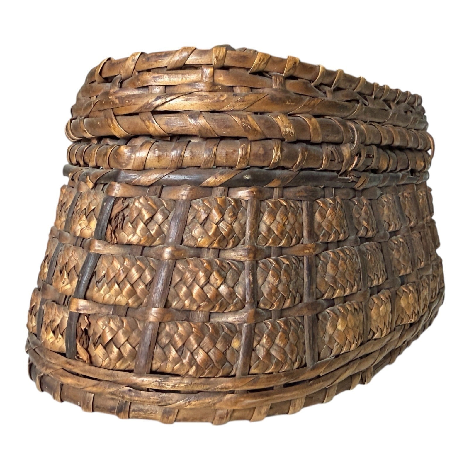 Antique Victorian Primitive Woven Basket Hinged Sewing Box - Lithograph Interior