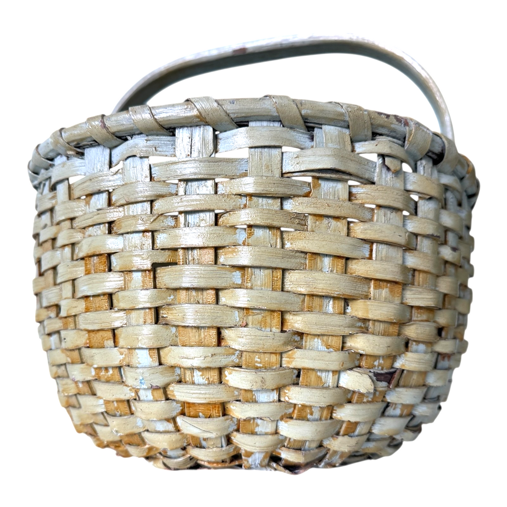 Antique Americana Handwoven Light Green Painted Basket with Bent Wood Handle