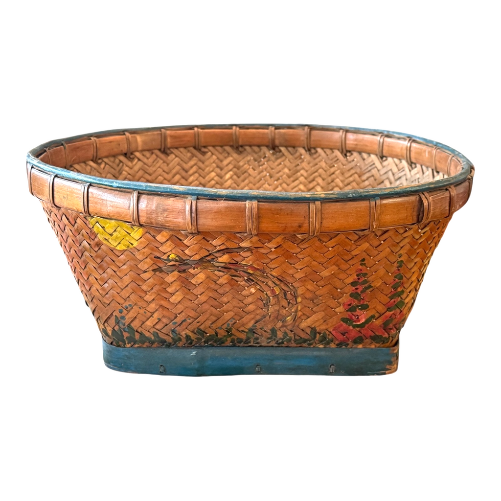 Antique Americana Folk Art Hand Painted Splint Oak Decorative Basket Bowl