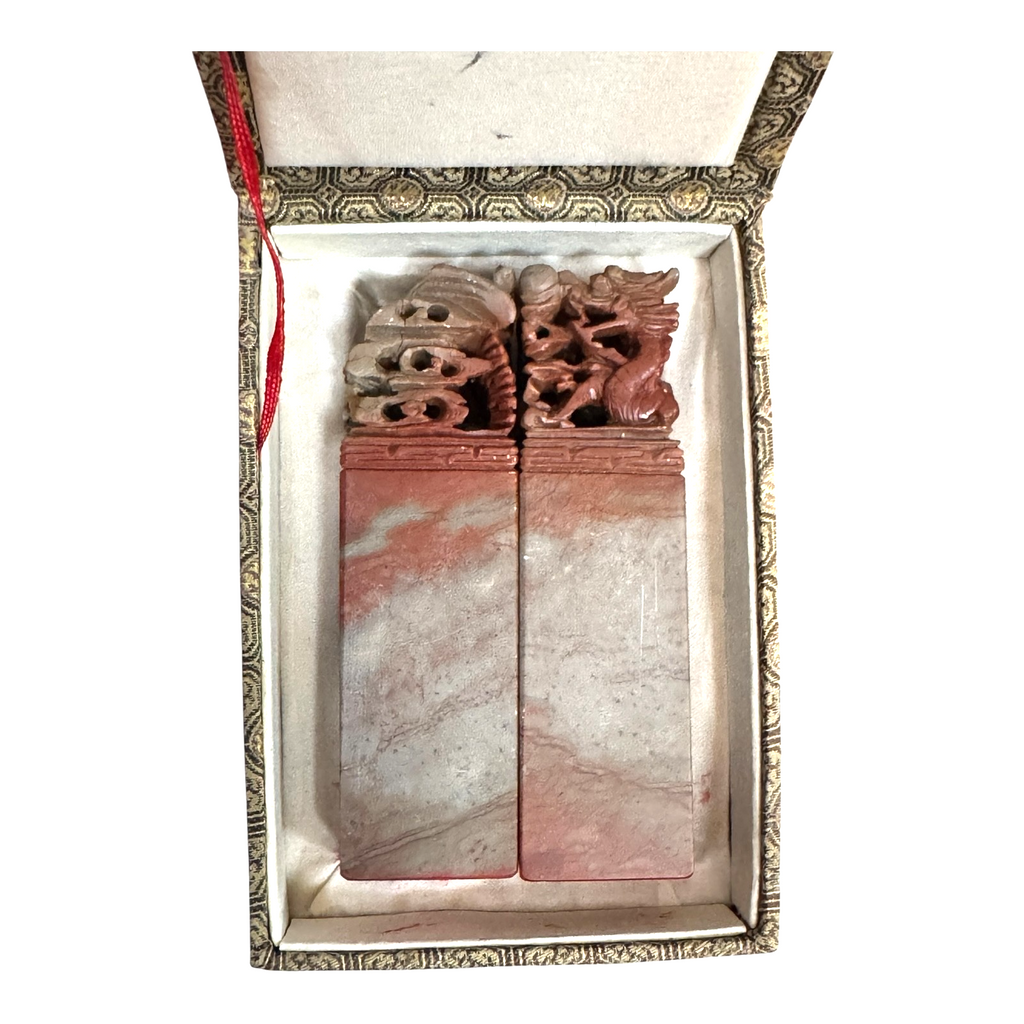 Vintage Chinese Hand Carved Soapstone Seal Stamp Pair in Box - Dragon & Phoenix