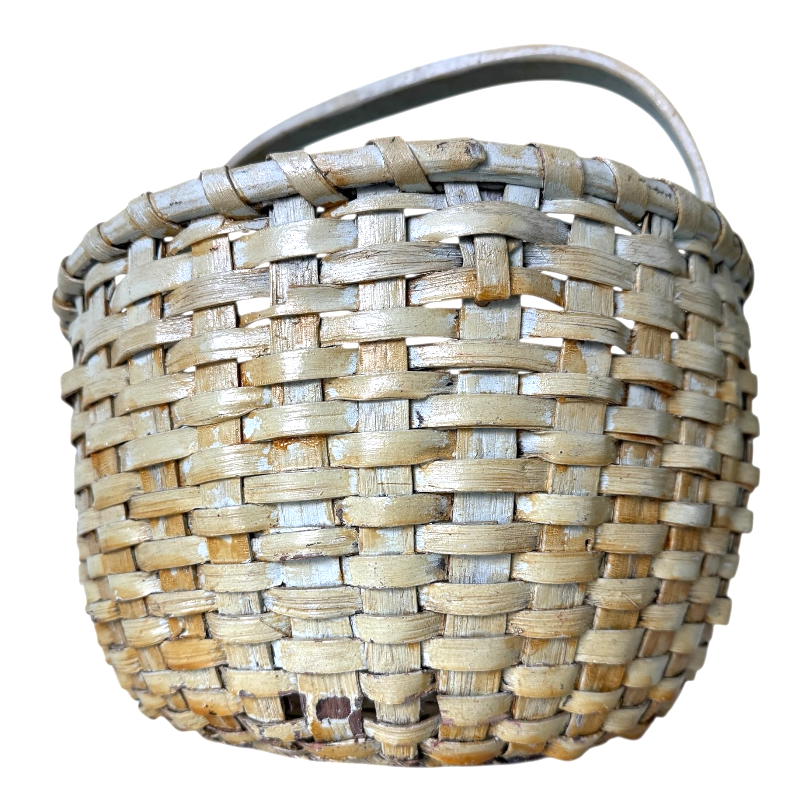 Antique Americana Handwoven Light Green Painted Basket with Bent Wood Handle